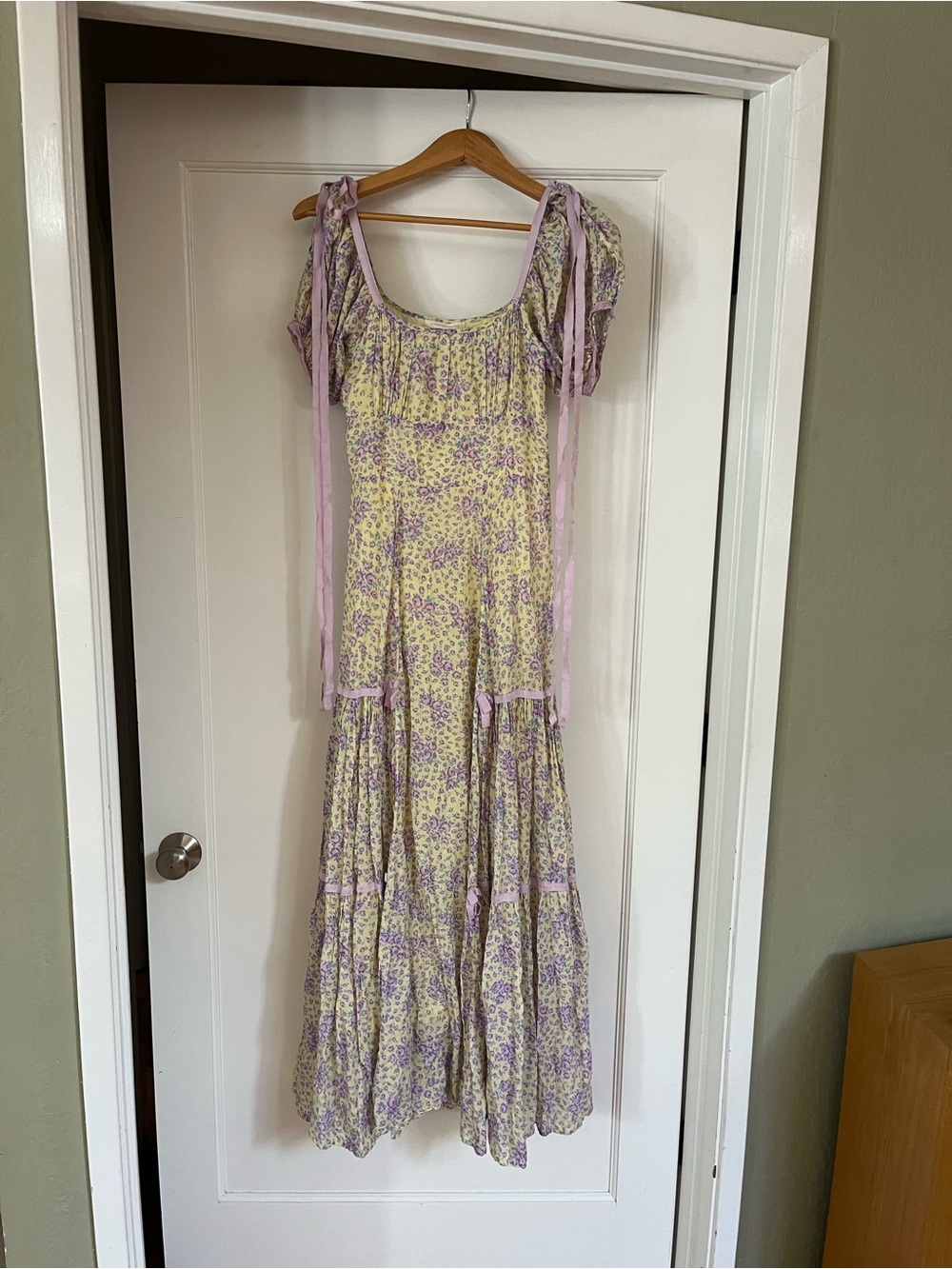 LoveShackFancy Lavender Floral Tie-Shoulder Maxi Dress in Cream
